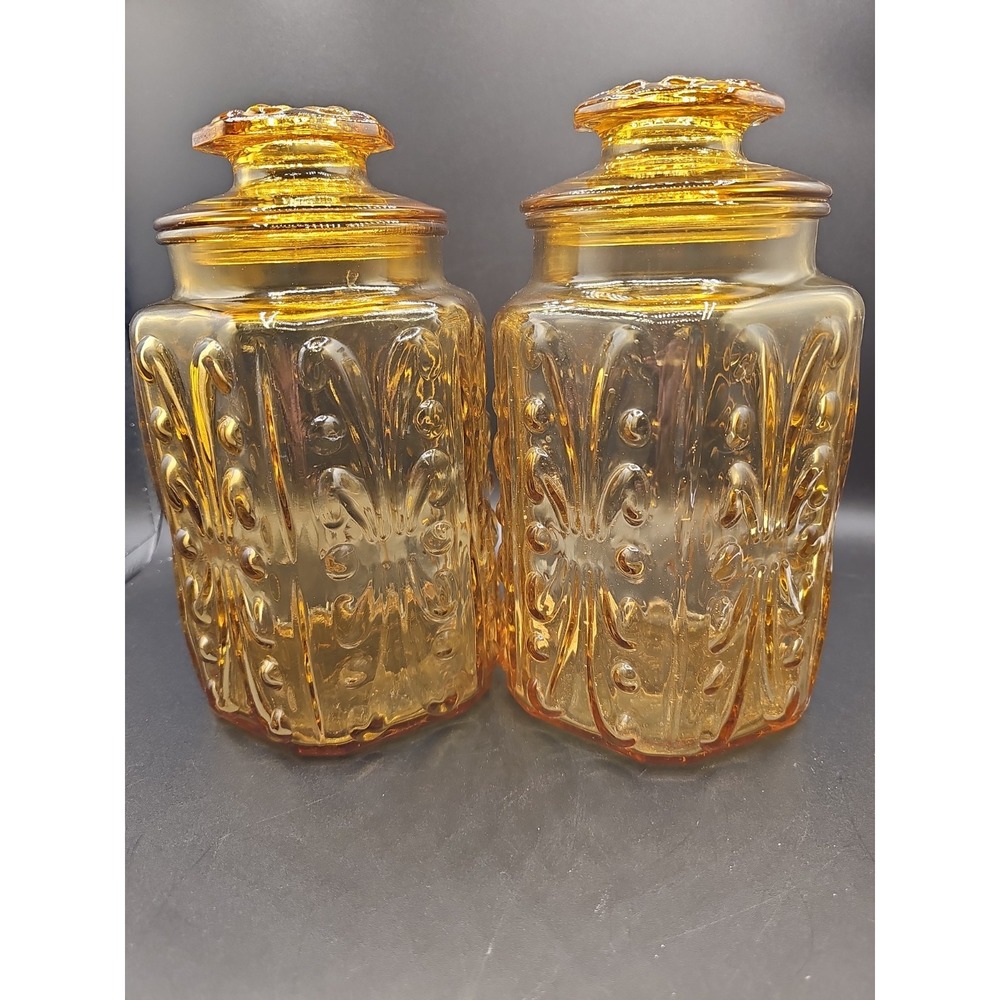 LE Smith Federal Glass Amber Atterbury Scroll Glass Canister (2) 9" Each MM